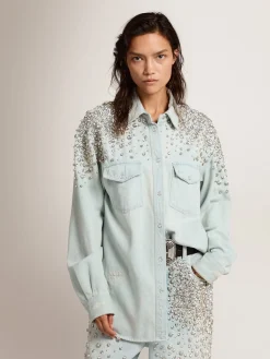 Outlet Golden Goose Camisa boyfriend feminina desbotada com cristais cabochão Cor: azul desbotado