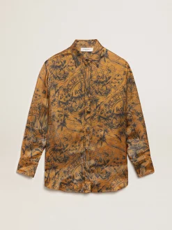 Discount Golden Goose Camisa boyfriend feminina marrom dourado com estampa caderno de viagem Cor: marrom dourado