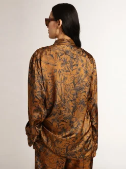 Discount Golden Goose Camisa boyfriend feminina marrom dourado com estampa caderno de viagem Cor: marrom dourado