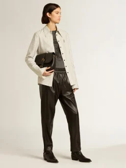 Clearance Golden Goose Camisa branca feminina de viscose com estampa de listras finas pretas Coleção Journey