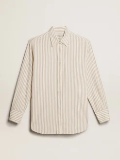 Shop Golden Goose Camisa branca feminina de algodão com estampa de listras bege Coleção Journey