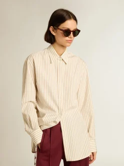 Shop Golden Goose Camisa branca feminina de algodão com estampa de listras bege Coleção Journey