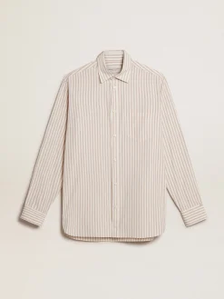 Store Golden Goose Camisa branca masculina de algodão com estampa de listras bege Coleção Journey