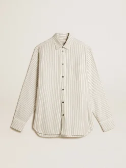 Flash Sale Golden Goose Camisa branca masculina de viscose com estampa de listras finas pretas Coleção Journey