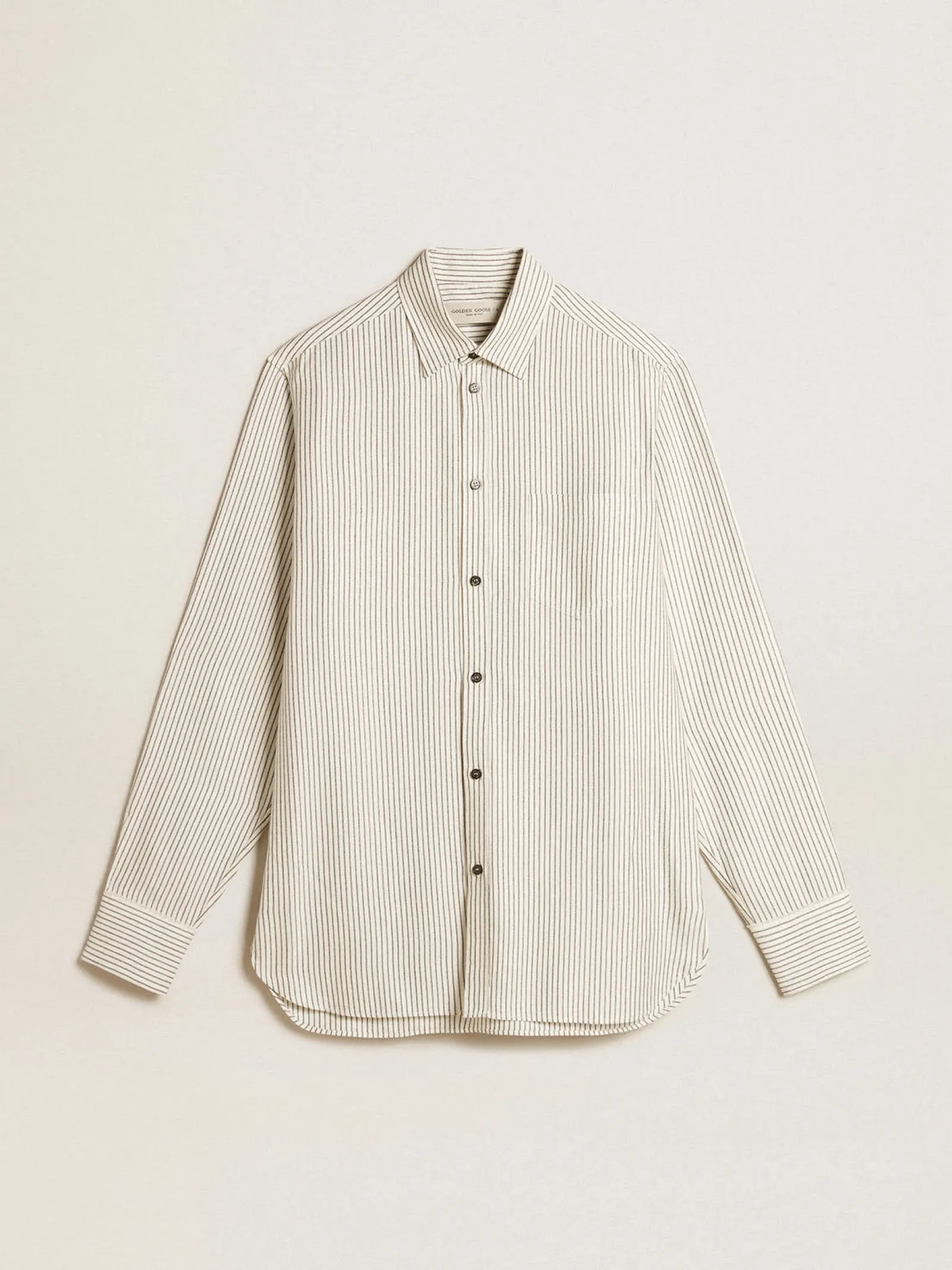 Flash Sale Golden Goose Camisa branca masculina de viscose com estampa de listras finas pretas Coleção Journey