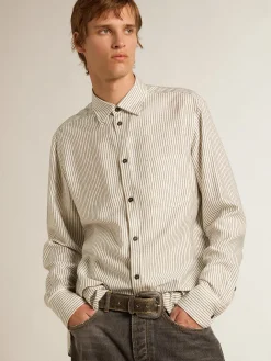 Flash Sale Golden Goose Camisa branca masculina de viscose com estampa de listras finas pretas Coleção Journey