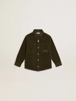 Fashion Golden Goose Camisa infantil masculina verde escura de algodão efeito aveludado Coleção Journey