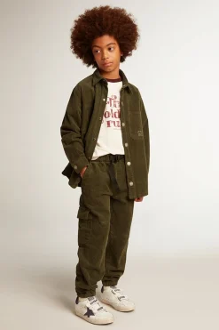 Fashion Golden Goose Camisa infantil masculina verde escura de algodão efeito aveludado Coleção Journey