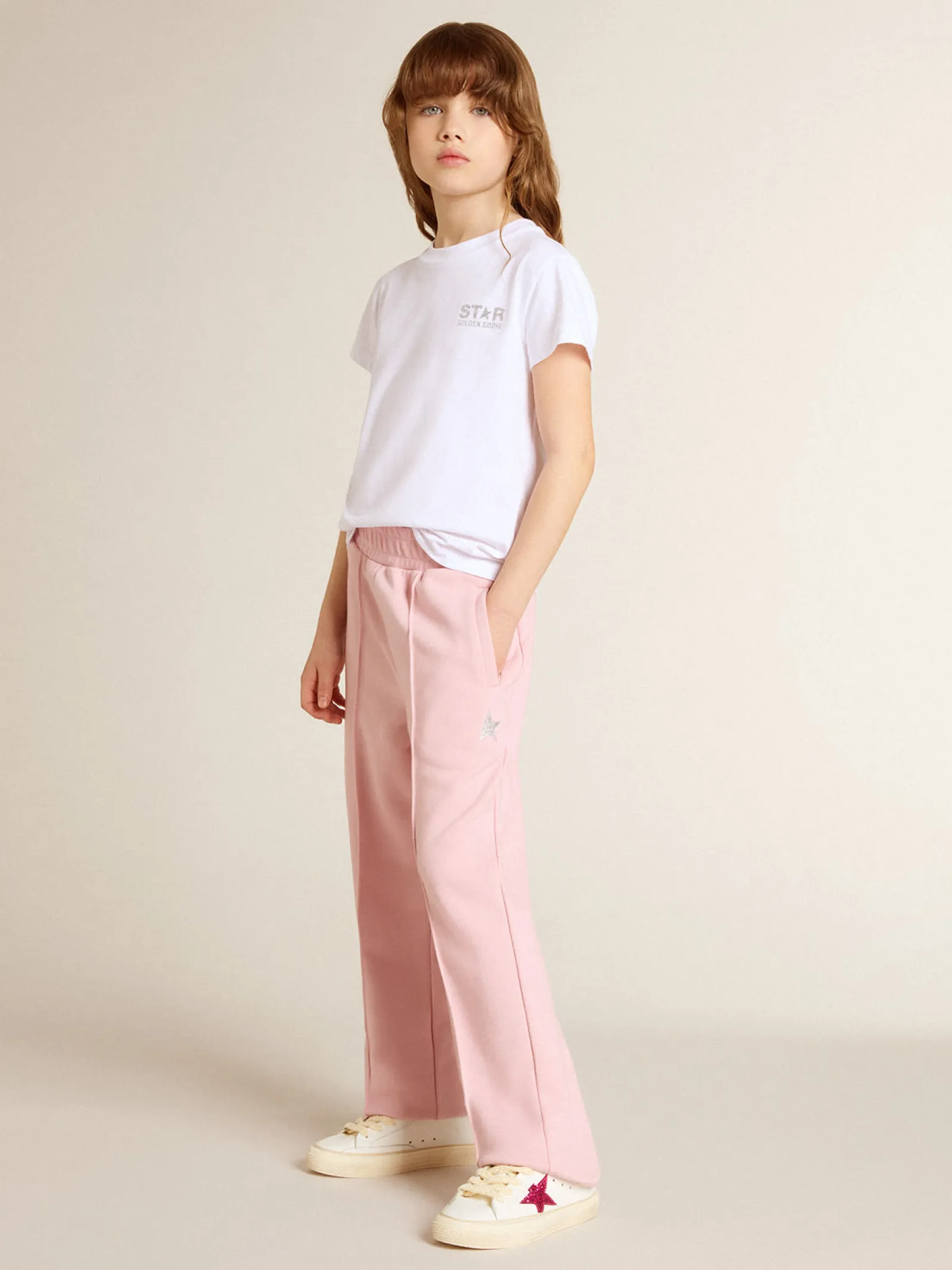 Best Sale Golden Goose Camiseta branca e prateada com logo e maxi estrela de glitter prateado Cor: branco
