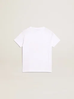 Outlet Golden Goose Camiseta branca infantil masculina com logo vermelho no centro Golden Collection