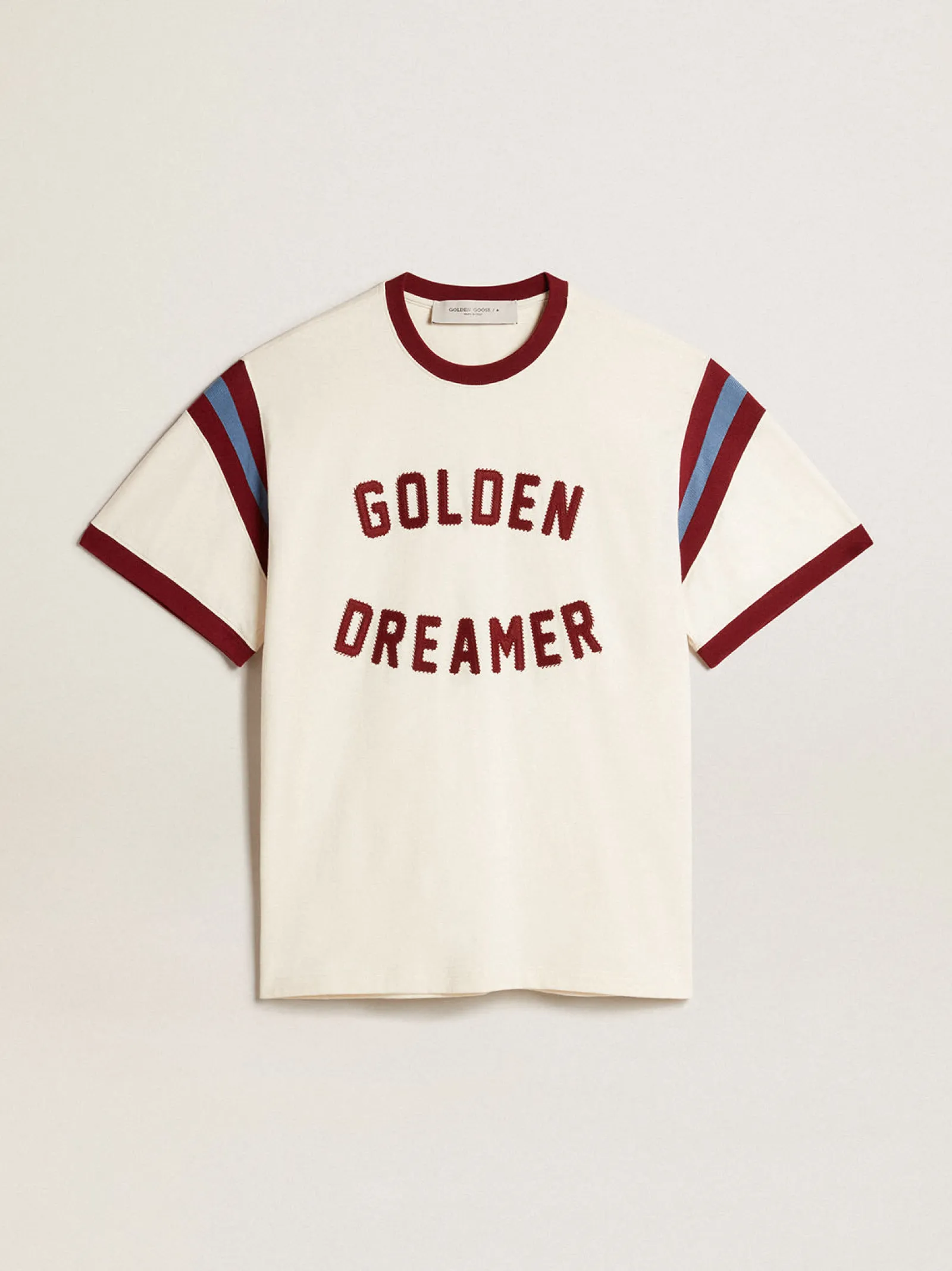 Hot Golden Goose Camiseta branca masculina com escrita bordô na frente Coleção Journey