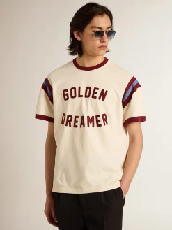 Hot Golden Goose Camiseta branca masculina com escrita bordô na frente Coleção Journey