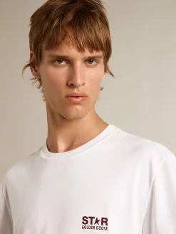 Sale Golden Goose Camiseta branca masculina com logo e estrela bordô em contraste Star Collection