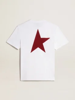Sale Golden Goose Camiseta branca masculina com logo e estrela bordô em contraste Star Collection
