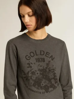 Hot Golden Goose Camiseta de algodão antracite com estampa na frente Coleção Journey