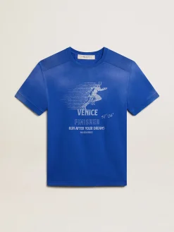 Cheap Golden Goose Camiseta de algodão azul com imagem Marathon na frente Cor: azul