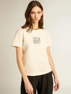 New Golden Goose Camiseta de algodão branco usado com estampa na frente Coleção Journey