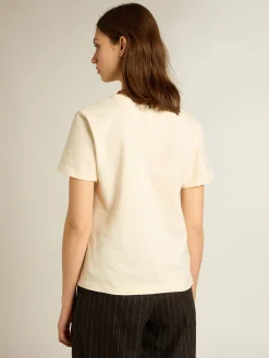 New Golden Goose Camiseta de algodão branco usado com estampa na frente Coleção Journey
