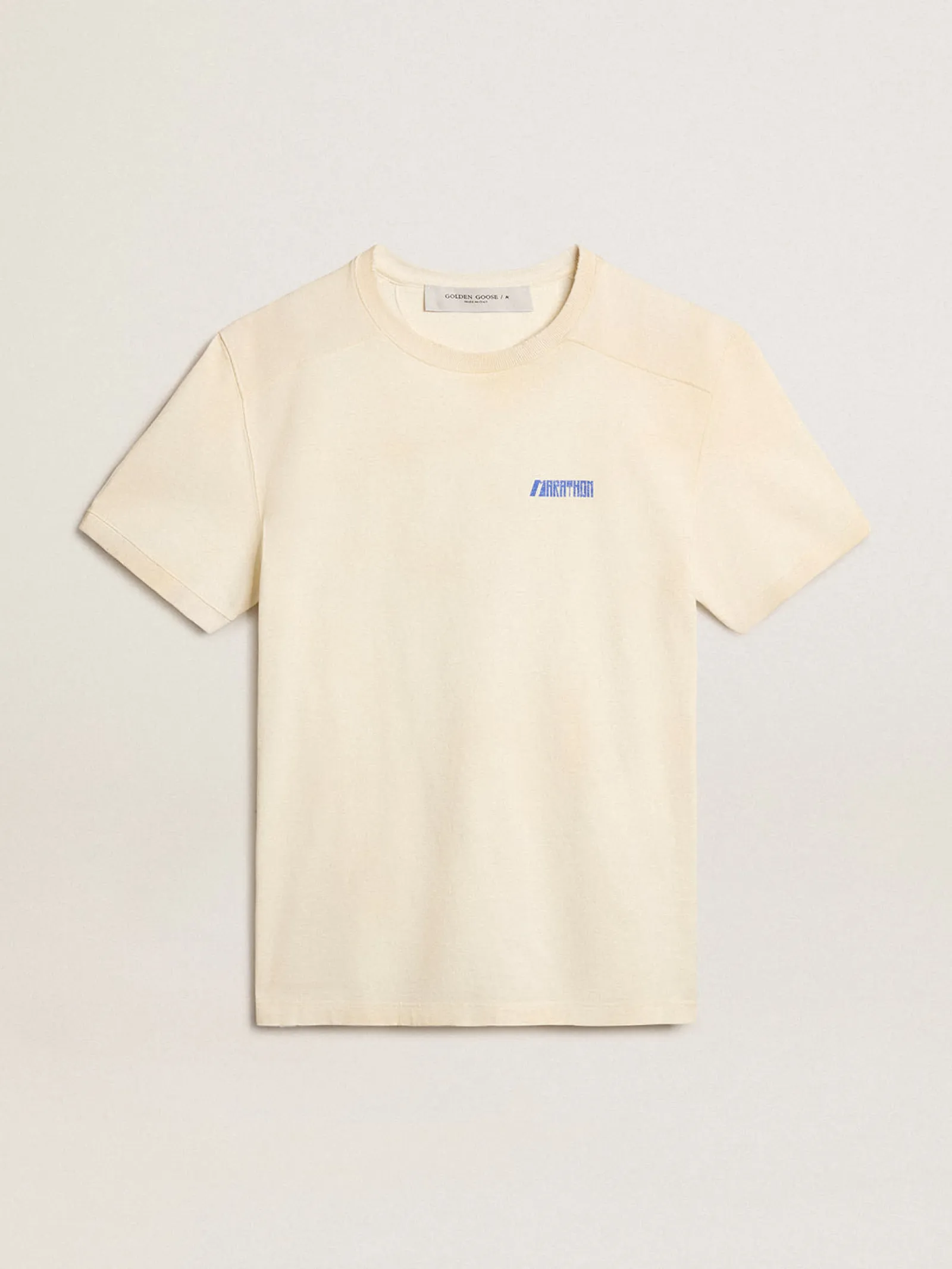 New Golden Goose Camiseta de algodão branco usado com logo Marathon azul Cor: branco usado