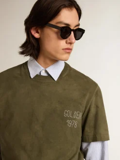 Hot Golden Goose Camiseta de algodão cor de faia com bordado na frente Coleção Journey