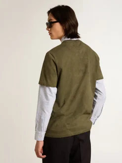 Hot Golden Goose Camiseta de algodão cor de faia com bordado na frente Coleção Journey