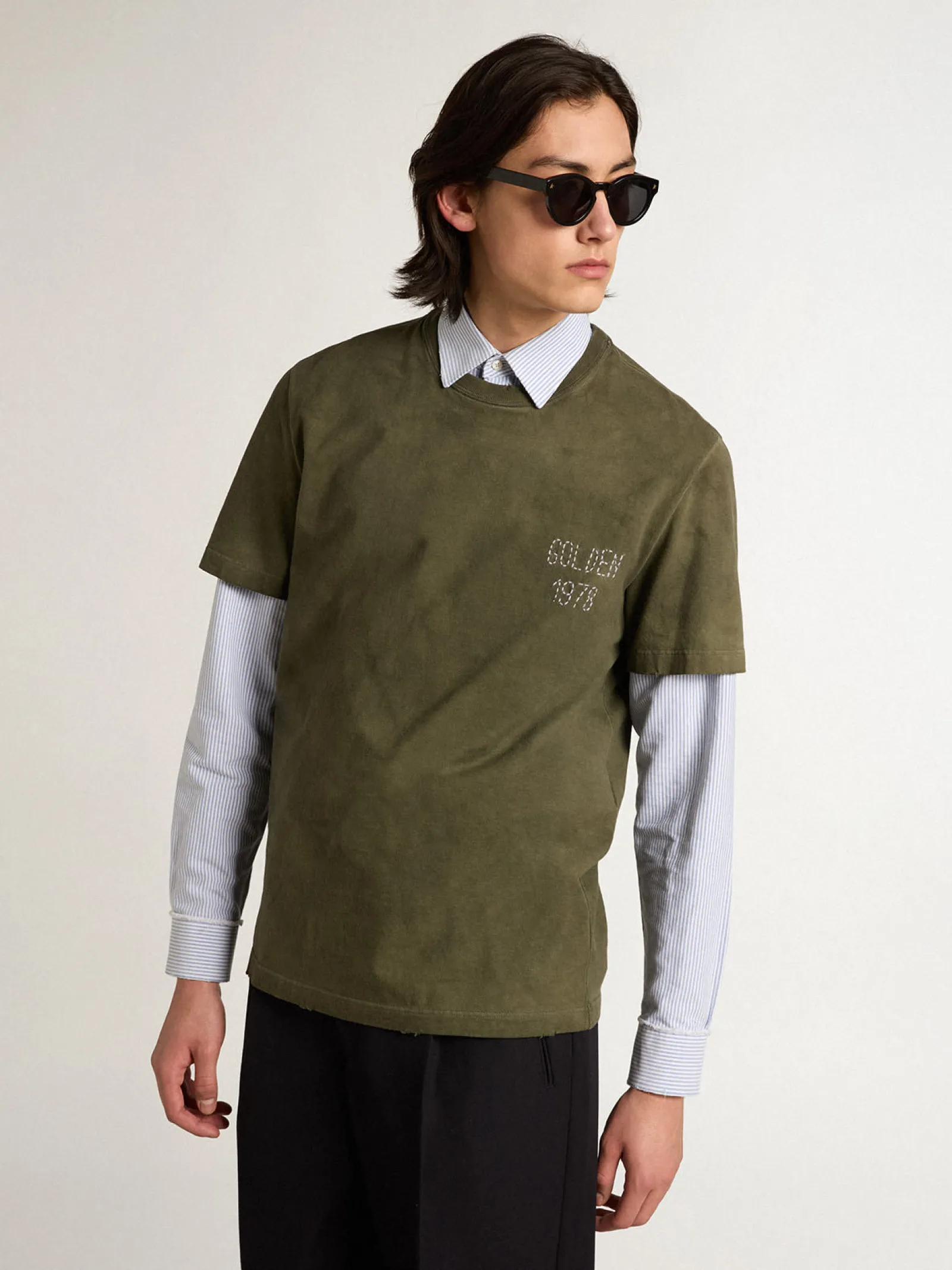Hot Golden Goose Camiseta de algodão cor de faia com bordado na frente Coleção Journey