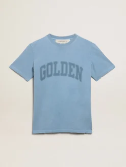 New Golden Goose Camiseta feminina azul-porto com inscrição Golden tom sobre tom Cor: azul porto