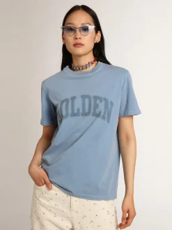 New Golden Goose Camiseta feminina azul-porto com inscrição Golden tom sobre tom Cor: azul porto