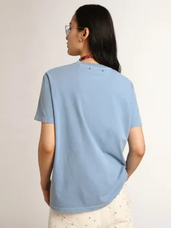 New Golden Goose Camiseta feminina azul-porto com inscrição Golden tom sobre tom Cor: azul porto