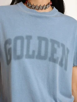 New Golden Goose Camiseta feminina azul-porto com inscrição Golden tom sobre tom Cor: azul porto