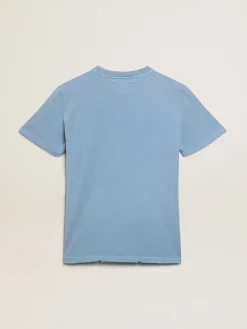 New Golden Goose Camiseta feminina azul-porto com inscrição Golden tom sobre tom Cor: azul porto