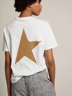 New Golden Goose Camiseta feminina branca com logo e estrela de glitter dourado Cor: branco