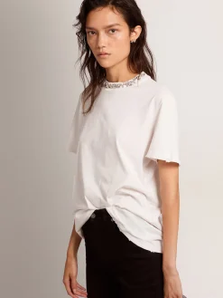 Hot Golden Goose Camiseta feminina branca com cristais cabochão Cor: branco