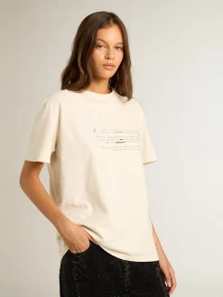 Cheap Golden Goose Camiseta feminina de algodão branco usado com escrita bordada Coleção Journey