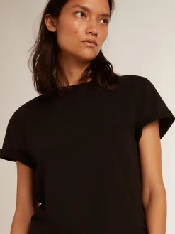 Store Golden Goose Camiseta feminina preta de caimento slim com tratamento desgastado Golden Collection