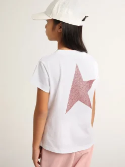 Best Sale Golden Goose Camiseta infantil feminina branca com logo e maxi estrela de glitter rosa Coleção Star