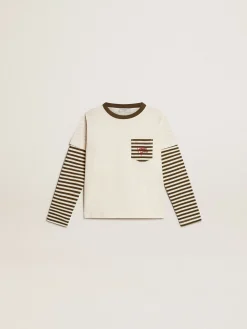 Store Golden Goose Camiseta infantil masculina de manga dupla de algodão listrado Coleção Journey