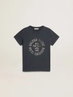 Online Golden Goose Camiseta infantil masculina de algodão azul-escuro com estampa no centro Coleção Journey