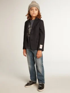 Online Golden Goose Camiseta infantil masculina de algodão azul-escuro com estampa no centro Coleção Journey