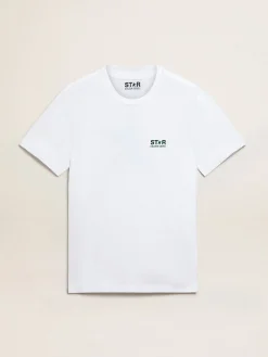 Clearance Golden Goose Camiseta masculina branca com logo e estrela verdes em contraste Cor: branco óptico