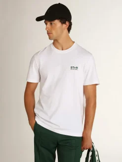 Clearance Golden Goose Camiseta masculina branca com logo e estrela verdes em contraste Cor: branco óptico