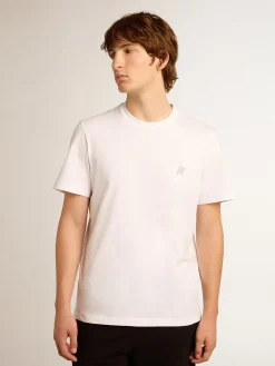 Online Golden Goose Camiseta masculina branca com estrela de glitter prateado na frente Cor: branco