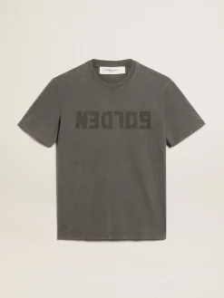 Hot Golden Goose Camiseta masculina cinza antracite com tratamento desgastado Cor: cinza antracite