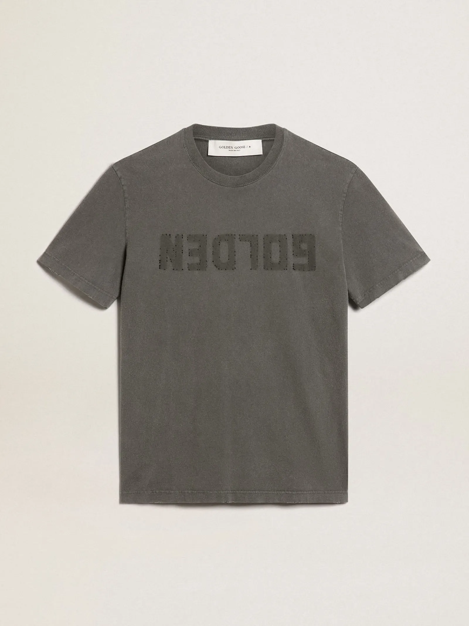 Hot Golden Goose Camiseta masculina cinza antracite com tratamento desgastado Cor: cinza antracite
