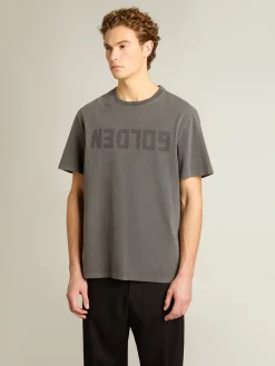 Hot Golden Goose Camiseta masculina cinza antracite com tratamento desgastado Cor: cinza antracite