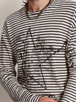 Store Golden Goose Camiseta masculina com listras brancas e azuis e bordado na frente Cor: branco e azul