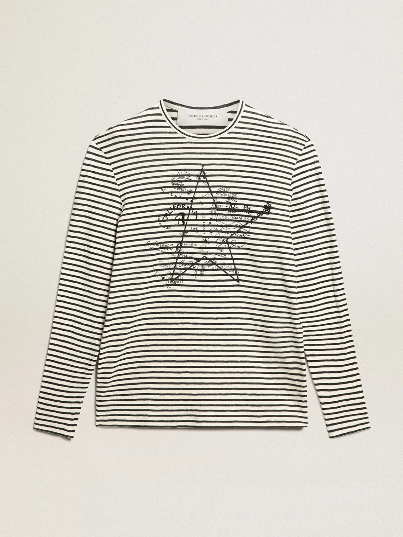 Store Golden Goose Camiseta masculina com listras brancas e azuis e bordado na frente Cor: branco e azul