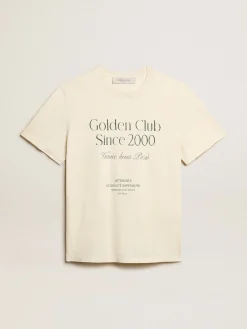 Best Sale Golden Goose Camiseta masculina de algodão branco usado com escrita verde Coleção Journey