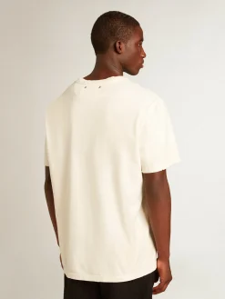 Best Sale Golden Goose Camiseta masculina de algodão branco usado com escrita verde Coleção Journey