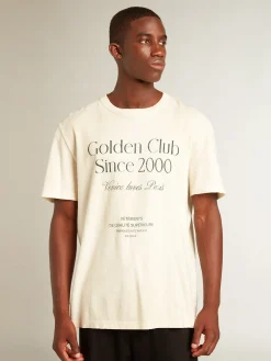 Best Sale Golden Goose Camiseta masculina de algodão branco usado com escrita verde Coleção Journey